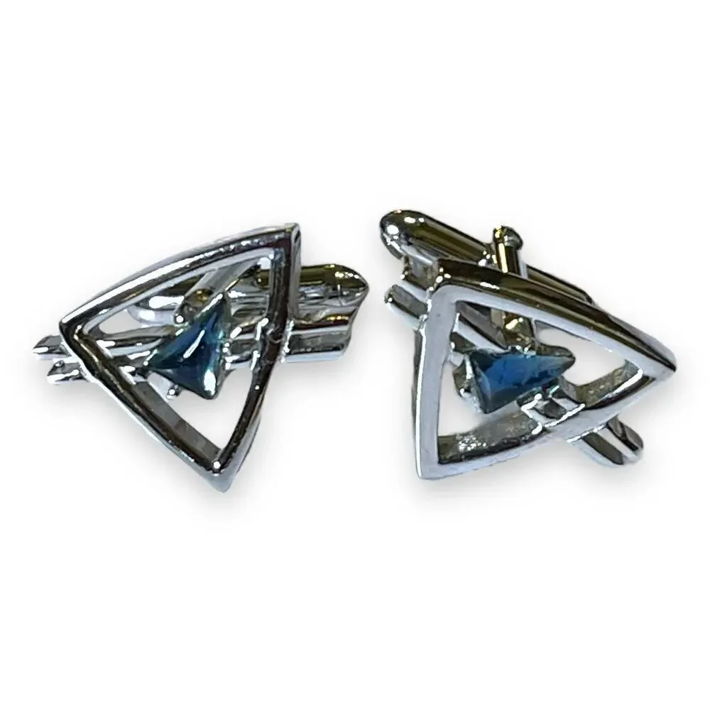 VTG Swank Cufflinks and Tie Bar Silver Tone Blue Glass Art Deco MCM Set Signed
